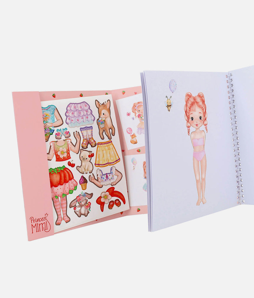 Open Princess Mimi Dress Me Up book with a printed princess figure and a sheet of outfit and animal stickers