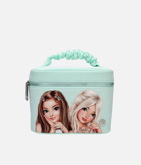 TOPModel GLOW TO GO glittery mint-green cosmetic case with Hayden and Candy artwork, a gathered handle and zip closure