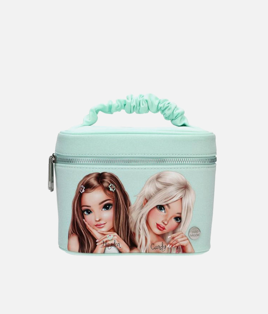 TOPModel GLOW TO GO glittery mint-green cosmetic case with Hayden and Candy artwork, a gathered handle and zip closure