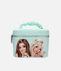 TOPModel GLOW TO GO glittery mint-green cosmetic case with Hayden and Candy artwork, a gathered handle and zip closure