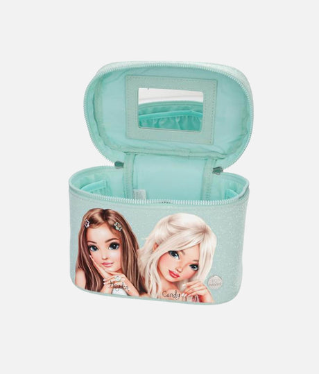 Open TOPModel GLOW TO GO cosmetic case showing the mirror inside the lid and green slip-in compartments