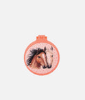 Closed orange Miss Melody folding hairbrush with two horses, a dotted background and golden rhinestone details