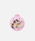 Closed pink Miss Melody folding hairbrush with a kitten and bunny, a dotted background and pink rhinestone details
