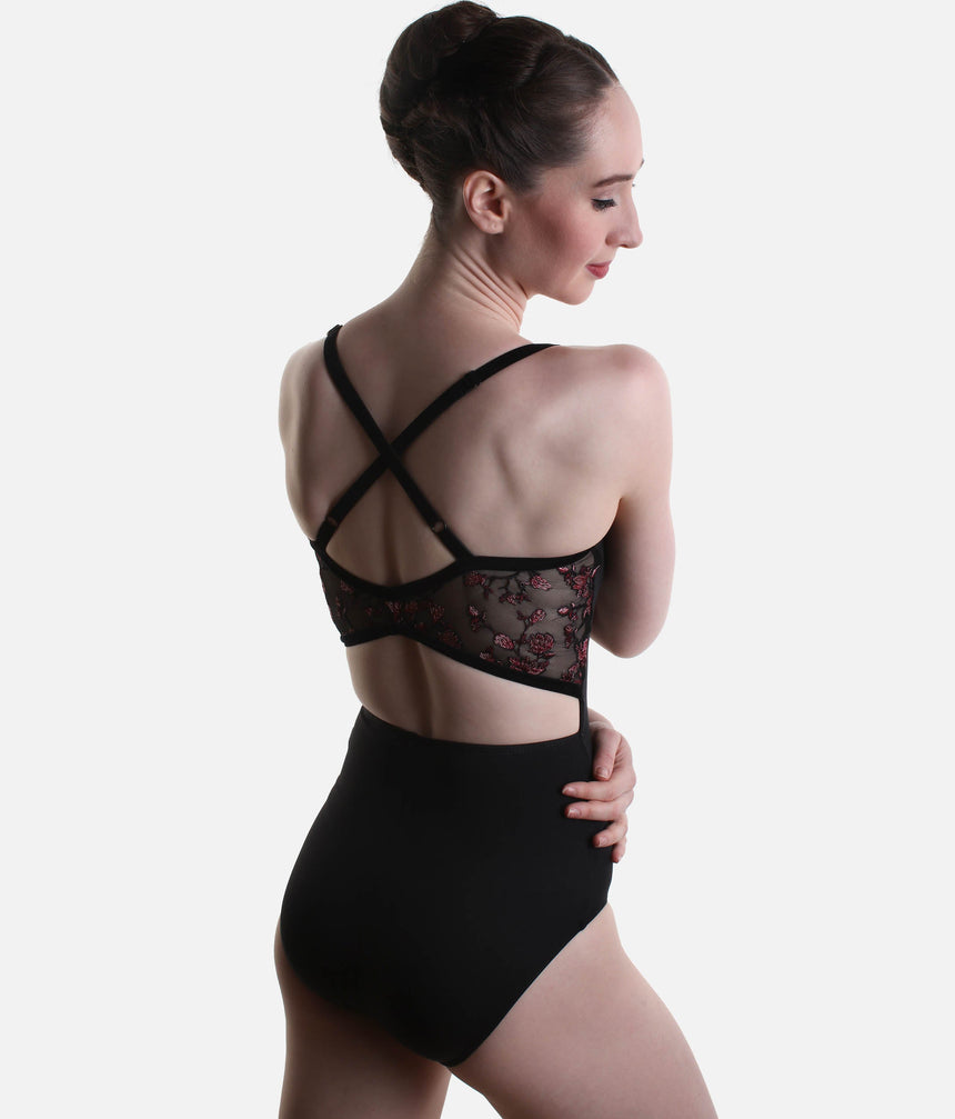 Charisma Cami Leotard with Criss Cross Back, Floral Mesh Design - 12400W
