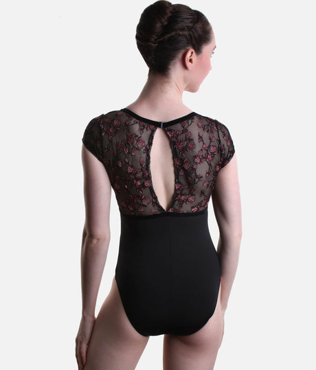 Fascination Short Sleeve Leotard, Deep V Neck & Floral Mesh Back - 12402W
