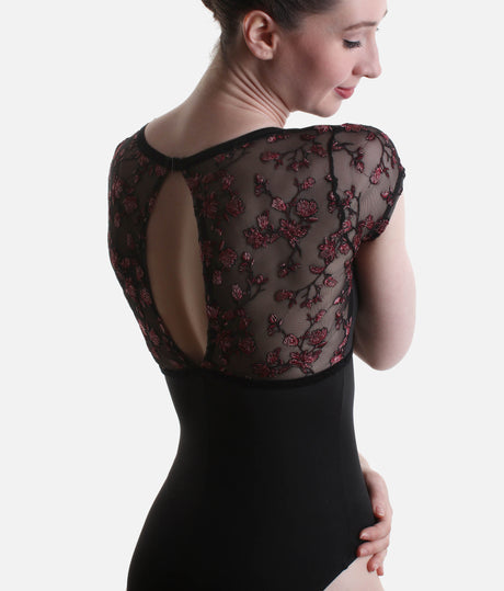 Fascination Short Sleeve Leotard, Deep V Neck & Floral Mesh Back - 12402W