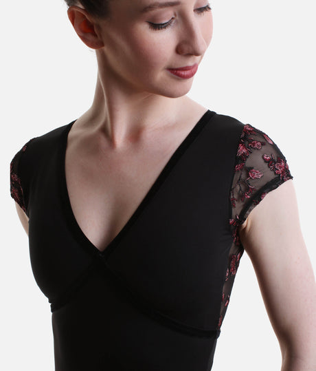 Fascination Short Sleeve Leotard, Deep V Neck & Floral Mesh Back - 12402W