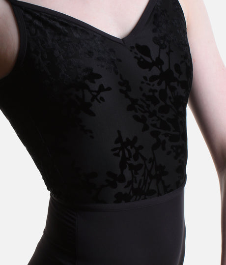 Black Capezio Poiret F12700W leotard showing slim camisole straps, a V-neckline and floral detail through the bodice.
