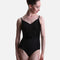 Black Capezio Poiret F12700W leotard showing slim camisole straps, a V-neckline and floral detail through the bodice.