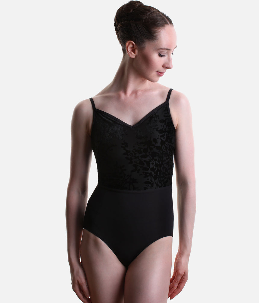 Black Capezio Poiret F12700W leotard showing slim camisole straps, a V-neckline and floral detail through the bodice.