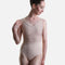 Front view of Pink Capezio Poiret F12700W ballet leotard with a floral bodice, curved V-neckline and smooth lower section.