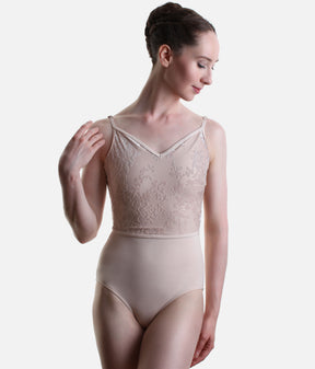 Front view of Pink Capezio Poiret F12700W ballet leotard with a floral bodice, curved V-neckline and smooth lower section.