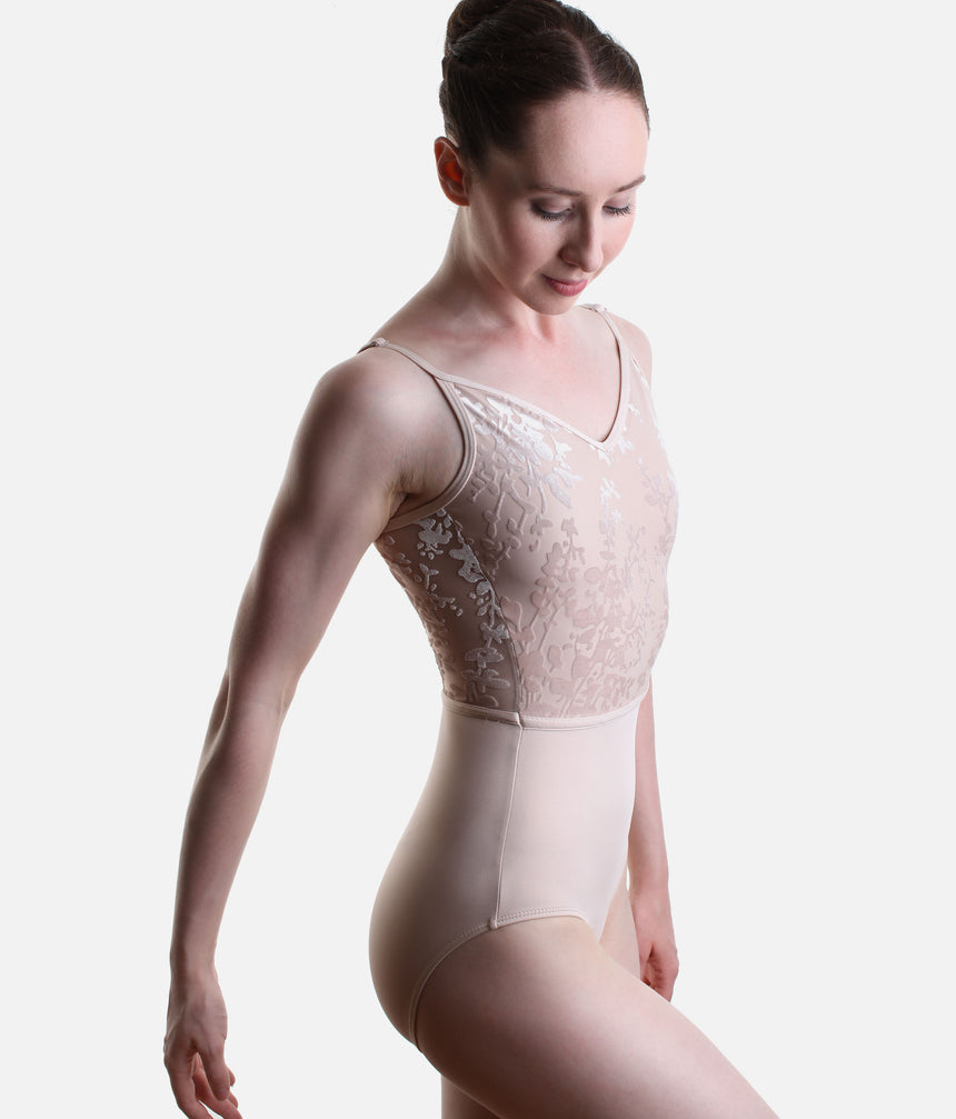 Side view of Pink Capezio In-Silhouette Poiret camisole leotard showing the floral bodice, slim strap and defined waistline.