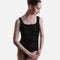 Black Capezio Cristóbal tank leotard showing a soft square neckline, tonal floral bodice and pointed waist seam.