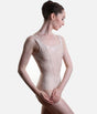 Front view of Pink Capezio Cristóbal F12702W leotard with broad tank straps and long bodice seams leading into a V-shaped waistline.