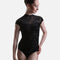 Front view of Black Capezio Rudi F12703W ballet leotard with a mock neck, sheer floral yoke, short sleeves and tonal floral burnout detail.