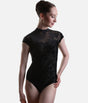 Front view of Black Capezio Rudi F12703W ballet leotard with a mock neck, sheer floral yoke, short sleeves and tonal floral burnout detail.