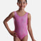 Mondor 17822 girls’ sleeveless gymnastics leotard in Metallic Pink, with pale mottled shimmer, broad straps and a round neckline.