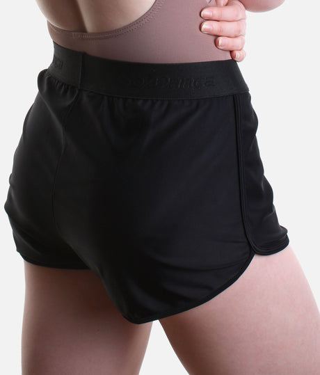 Rear detail of So Danca SD2561 Black dance shorts, showing the branded waistband and curved leg hems