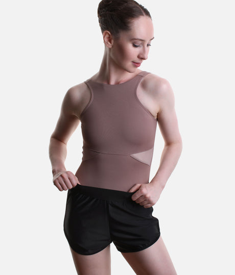 So Danca SD2561 Black dance shorts with a wide elastic waistband, worn over a Nut leotard
