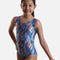 Mondor Waves 27822 girls’ sleeveless gymnastics leotard with a blue multicolour geometric print, shimmering circles and broad shoulder straps.