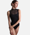 Intermezzo Ingrid ballet leotard in black, with tonal tulle across the upper chest and a smooth fitted front.