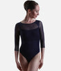 Front view of the Navy Intermezzo 31703 ballet leotard with three-quarter mesh sleeves, a rounded neckline and sheer upper-chest panel.