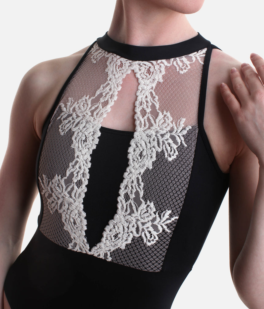 Sleeveless Dance Leotard with Elegant Lace Panels and Hook Neck - 31705