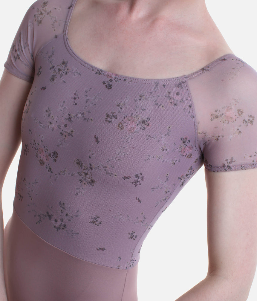 Felicity Floral Print Leotard, Soft Lined, Short Tulle Sleeves - 31709