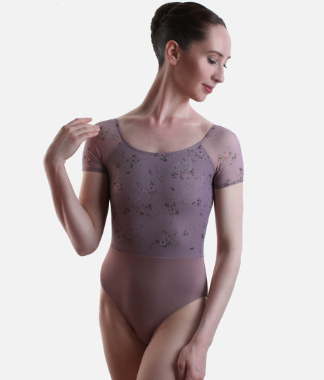 Felicity Floral Print Leotard, Soft Lined, Short Tulle Sleeves - 31709