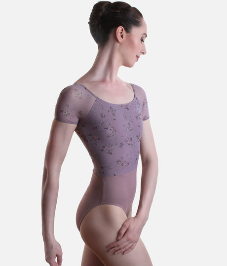 Felicity Floral Print Leotard, Soft Lined, Short Tulle Sleeves - 31709