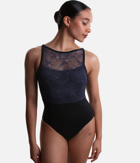 HEAVEN Sleeveless Leotard with Contrast Floral Lace, Elegant Open Back - 31728