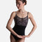 Angled front view of the black Idaira camisole leotard with floral tulle over a sweetheart-shaped front.