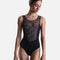 Front view of the Intermezzo Iggy 31741 black tank ballet leotard with soft pink floral tulle and broad straps.