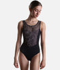 Front view of the Intermezzo Iggy 31741 black tank ballet leotard with soft pink floral tulle and broad straps.