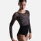 Angled front view of the black Imma leotard showing soft pink florals across the bodice and full-length sleeves.