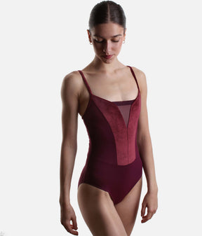 Intermezzo India 31744 camisole ballet leotard in burgundy, with a velvet bodice, tulle neckline and smooth lower body.