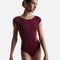 Front view of the Intermezzo Idris 31746 ballet leotard with a boat neckline and curved velvet panels framing the waist.