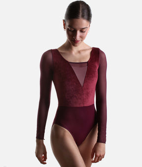Intermezzo Iseult 31747 long sleeve ballet leotard in burgundy, with a velvet bodice and matching tulle neckline detail.