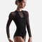 Front view of the black Intermezzo Ivette 31751 long sleeve leotard with a high neckline, geometric bodice and matching tulle.