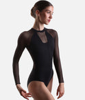 Front view of the black Intermezzo Ivette 31751 long sleeve leotard with a high neckline, geometric bodice and matching tulle.