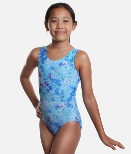 Girl's Tank Sleeves Gymnastics Leotard, Swirl of Blue Tones - 37822 (MOLECULES)