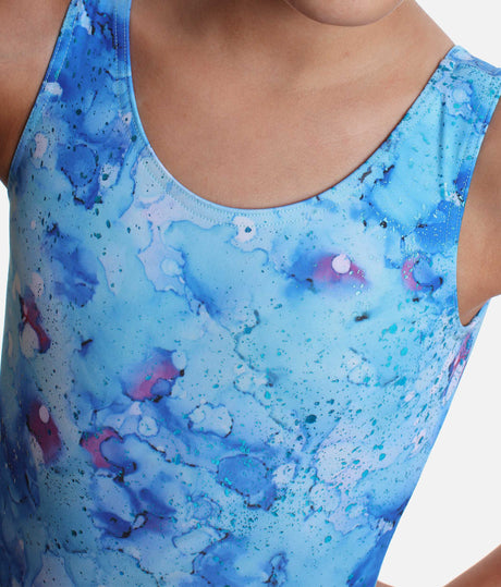 Girl's Tank Sleeves Gymnastics Leotard, Swirl of Blue Tones - 37822 (MOLECULES)