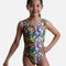 Mondor GEO 37822 girls’ tank gymnastics leotard with bright angular shapes, scattered shimmering details, broad straps and a round neckline.