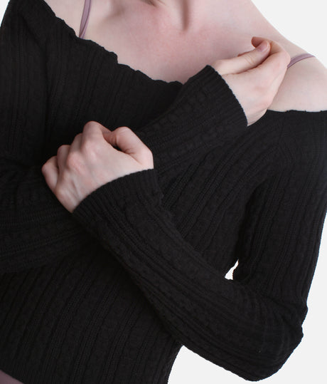 Off-the-Shoulder Cropped Long-sleeve Sweater, Soft Ribbed Knit Warm-Up Top - 6646