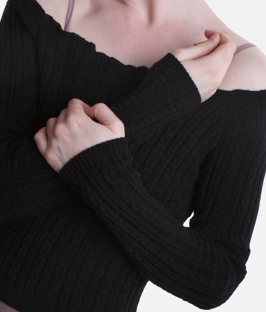 Off-the-Shoulder Cropped Long-sleeve Sweater, Soft Ribbed Knit Warm-Up Top - 6646