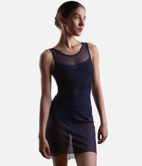 Front detail of the Intermezzo Infinite 7729 navy tulle skirt showing its narrow waistband, sheer fabric and asymmetrical hem.