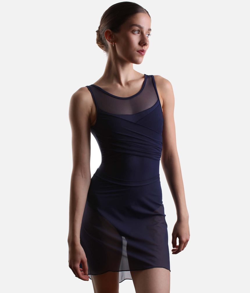 Front detail of the Intermezzo Infinite 7729 navy tulle skirt showing its narrow waistband, sheer fabric and asymmetrical hem.