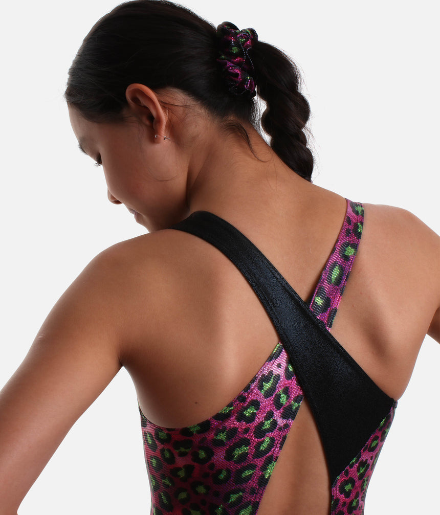 Girls Gymnastics Biketard, Metallic Cheetah Print with Crisscross Back - 7826