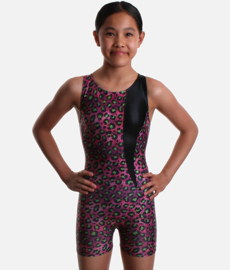 Mondor Cheetah 7826 girls’ gymnastics biketard with shimmering pink, black and green animal print, a tapered black panel and built-in shorts.